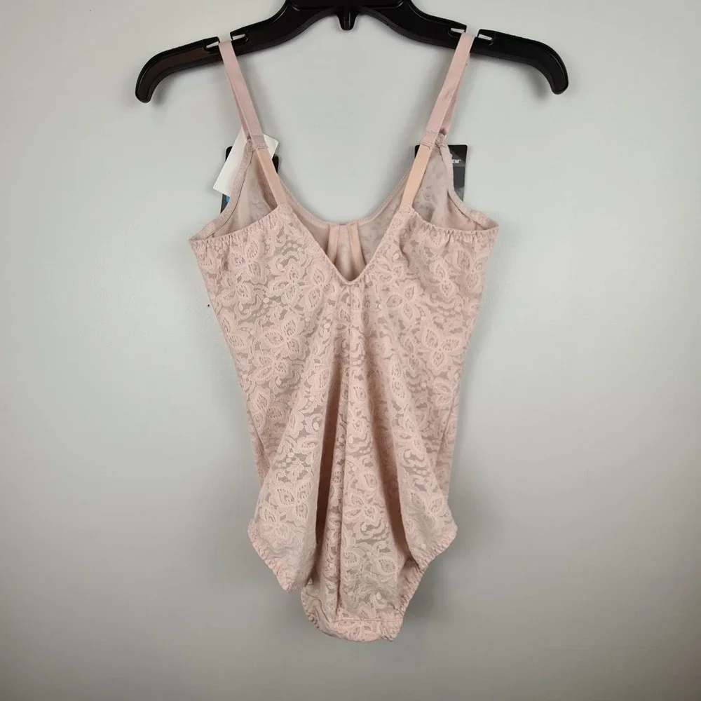 Bali Floral Lace 'N Smooth Firm Control Body Briefer Bodysuit 36B Nude 8L10 Sexy